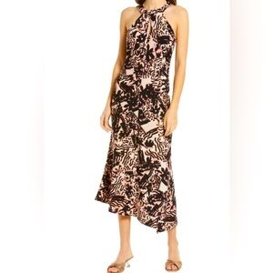 Halogen Twist Neck Asymmetrical Knit Midi Dress Pink Black Floral Checkers